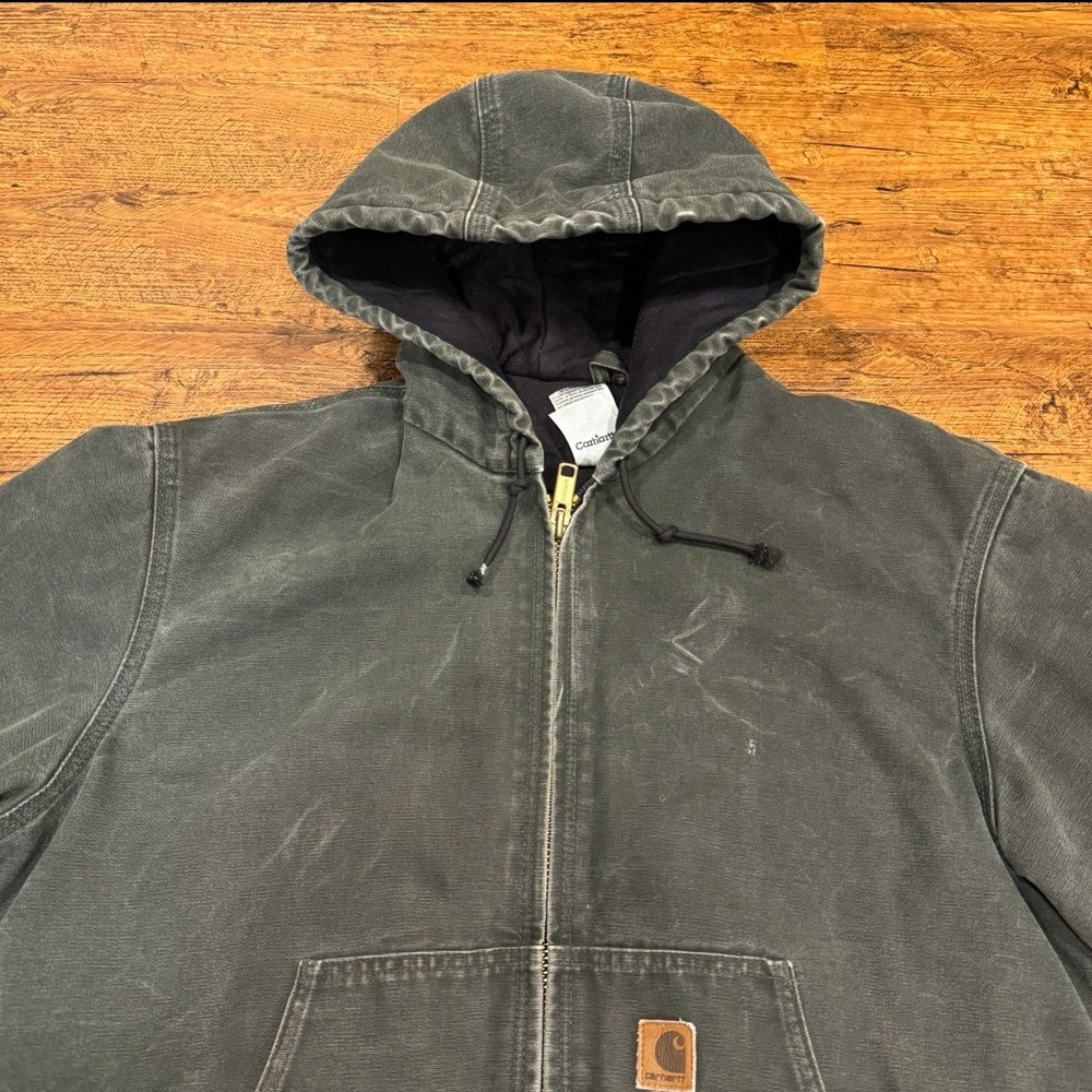Vintage Carhartt J130 Moss Green Canvas Quilted Distressed Hooded Jacket Men's L